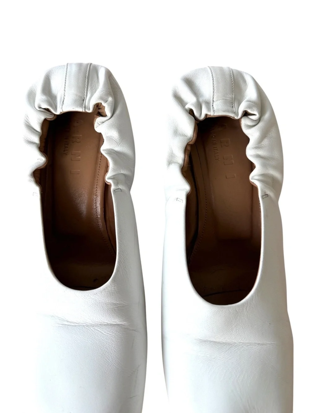 Marni White Leather Ruched Square-Toe Block Heel Pumps Glove Ballerina - Size 37